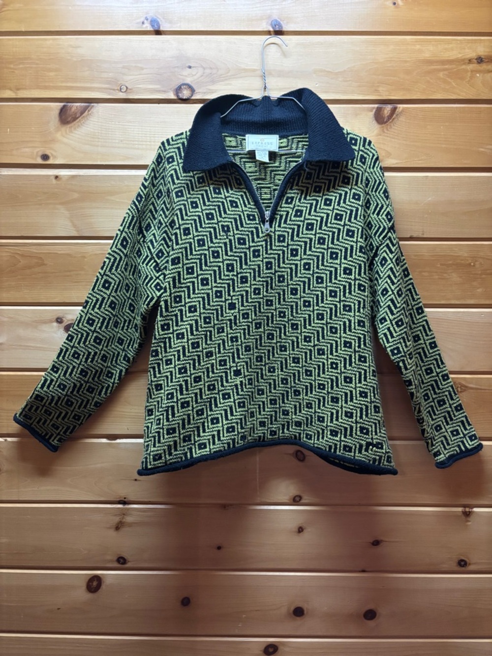 Express Black and Neon Yellow Geometric Zip-Front Sweater